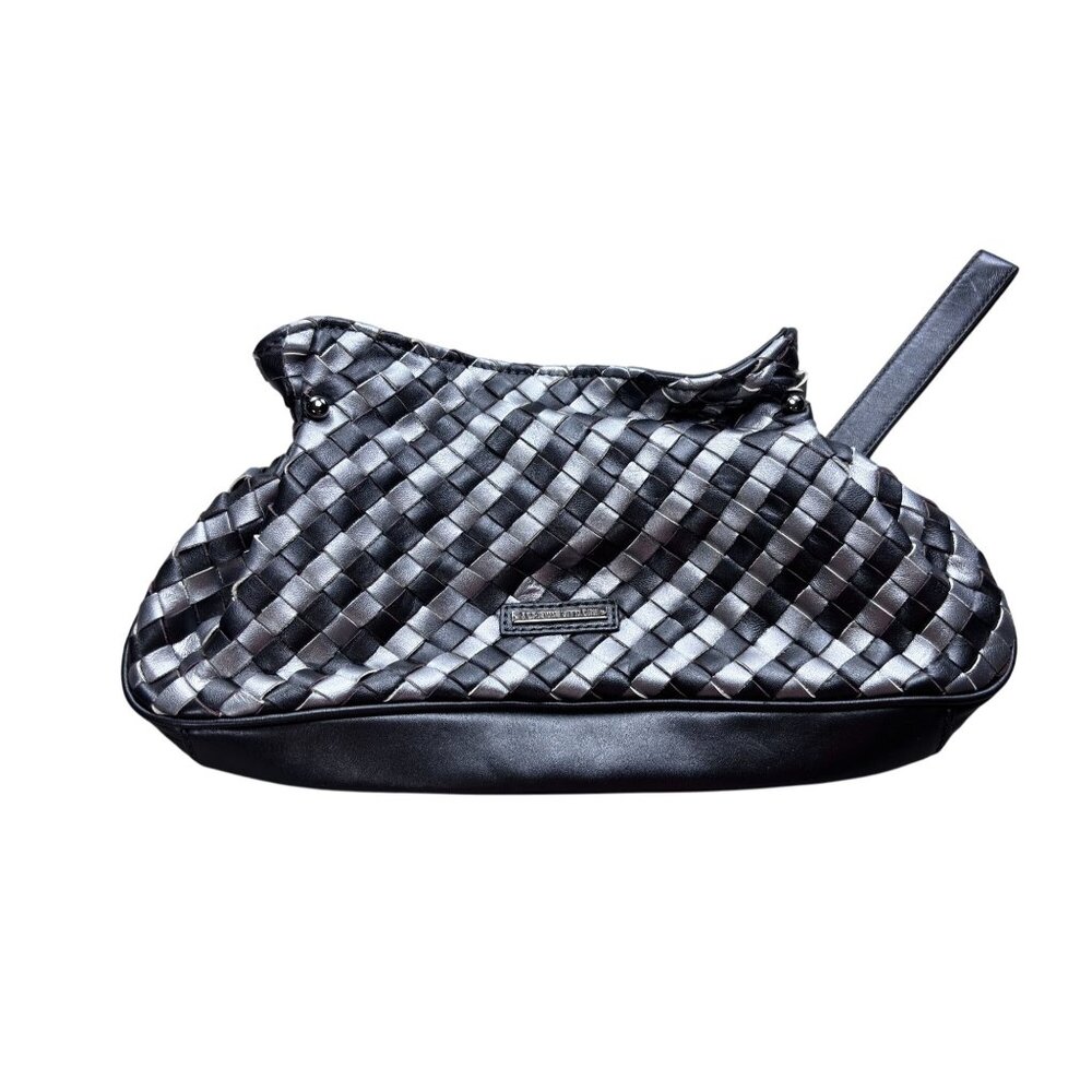 Adrienne Vittadini Black & Silver Woven Clutch Bag With Wrist Strap